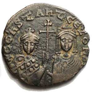 obverse: BYZANTINE EMPIRE. Constantine VII & Zoe, 914-919 AD. Æ Follis (5.28 gm) of Constantinople. Cross between Constantine & Zoe / Legend. S.1758. VF+