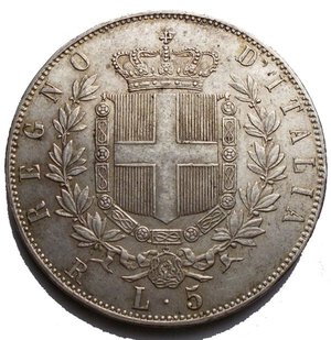 reverse: Savoia. Vittorio Emanuele II re d’Italia (1861-1878). Da 5 lire 1871 (Roma) AG. Pagani 493. MIR 1082n. Rara. SPL. Bellissima patina 