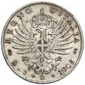 reverse: Casa Savoia. Vittorio Emanuele III. 1900-1943. 1 Lira 1905 Aquila Sabauda. Ag. Gig. 129. RR. Buon esemplare