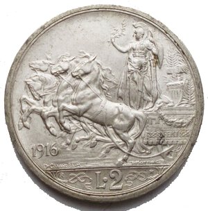 reverse: Casa Savoia. Vittorio Emanuele III. 2 Lire 1916 Quadriga Briosa. Ag. qFDC. Fondi Lucenti  