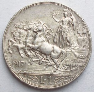 reverse: Casa Savoia - Vittorio Emanuele III. 1 lira 1917 quadriga briosa. Gig 139. Argento. SPL+. Colpetti al bordo
