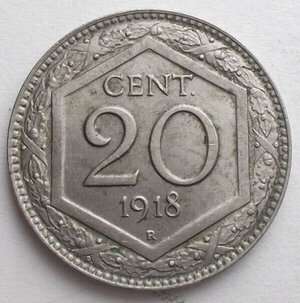 obverse: Vittorio Emanuele III - 20 centesimi 1918 esagono contorno rigato (debolmente). spl - fdc. Ottime condizioni