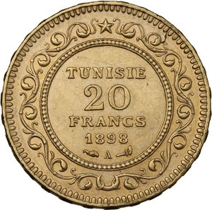 reverse: Tunisie.  French Protectorate, Ali Bey (AH 1299-1320H / 1882-1902). 20 Francs AH 1316, 1898 A, Paris mint