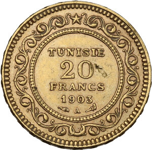 reverse: Tunisia.  French Protectorate, Mohamed El Hadi Bey (1320-1324 AH / 1902-1906). 20 francs AH 1321, 1903 A, Paris mint