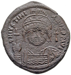 obverse: GIUSTINIANO I (527 - 565). Costantinopoli. AE Follis - 40 Nummi (17,13 gr. - 33 mm.). D.\: D N IVSTINIANVS P P AVG. R.\: M - A/N/N/O XXII - CON. Sear 201. qBB.