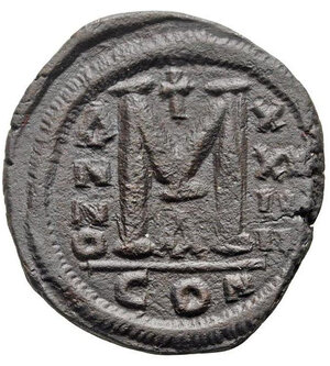 reverse: GIUSTINIANO I (527 - 565). Costantinopoli. AE Follis - 40 Nummi (17,13 gr. - 33 mm.). D.\: D N IVSTINIANVS P P AVG. R.\: M - A/N/N/O XXII - CON. Sear 201. qBB.