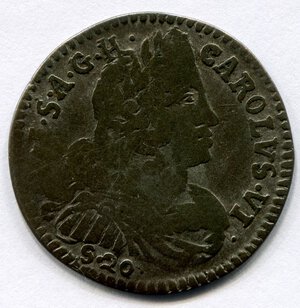 obverse: Mantova. Duca Carlo 6°. 20 soldi del 1732. MB-BB. R1.
