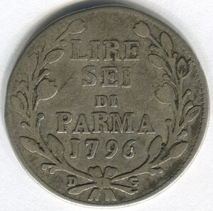 reverse: Parma e Piacenza. Duca Ferdinando 1°. AR lire sei del 1796. qBB-MB. R1.