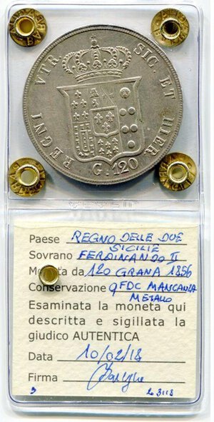 obverse: Regno delle due Sicilie.Ferdinando II. Piastra 120 g. 1856. AG. qFDC. Sigillata. Note: Mancanza di Metallo.