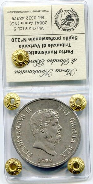 reverse: Regno delle due Sicilie.Ferdinando II. Piastra 120 g. 1856. AG. qFDC. Sigillata. Note: Mancanza di Metallo.
