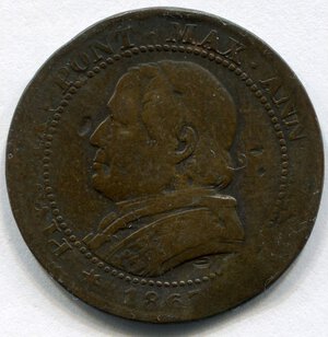 obverse: Stato Pontificio. Papa Pio 9°. 1 soldo (5 centesimi) del 1866. Cu. qBB. R1.