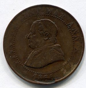 obverse: Stato Pontificio. Papa Pio IX. 1 soldo (5 centesimi) del 1867. Cu. MB. R1.