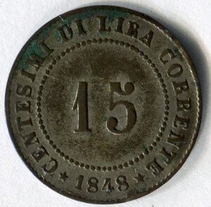reverse: Governo provvisorio di Venezia. 15 centesimi del 1848. BB. R1.