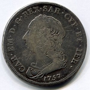 obverse: Regno di Sardegna. Re Carlo Emanuele 3° (1730-1773). Scudo da 6 lire del 1757. Ag. qBB. R1. Graffi.