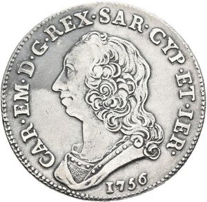 obverse: Regno di Sardegna. Re Carlo Emanuele 3° (1730-1773). AR Mezzo Scudo 1756 (17.40 gr.). Torino. qSPL. NC.