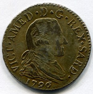 obverse: Regno di Sardegna. Re Vittorio Amedeo 3° (1773-1796). 20 soldi del 1796. Mi. qBB. NC.