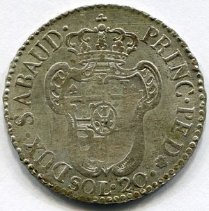 obverse: Regno di Sardegna. Re Vittorio Amedeo 3° (1773-1796). 20 soldi del 1796. Mi BB++. NC.