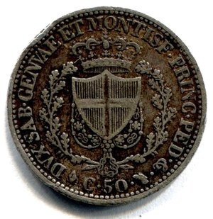 reverse: Regno di Sardegna. Re Carlo Felice (1821-1831). 50 centesimi del 1827. Zecca di Torino. Ag. qBB-BB. C.