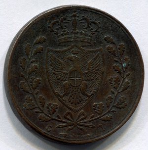 obverse: Regno di Sardegna. Re Carlo Felice (1821-1831). 5 centesimi del 1826. Zecca di Torino. P in ovale. Cu. qBB. R2.