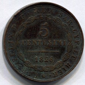 reverse: Regno di Sardegna. Re Carlo Felice (1821-1831). 5 centesimi del 1826. Zecca di Torino. P in ovale. Cu. qBB. R2.