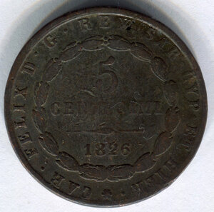 reverse: Regno di Sardegna. Re Carlo Felice (1821-1831). 5 centesimi del 1826. Zecca di Torino. Cu. MB. C.