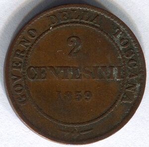 reverse: Governo provvisorio della Toscana. Re Vittorio Emanuele 2° (1849-1878) Re Eletto. 2 centesimi del 1859. Zecca di Birmingham. CU. qBB. C.