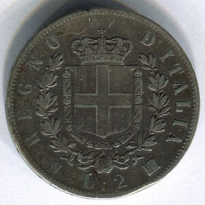 reverse: Regno d Italia. Re Vittorio Emanuele 2° (1849-1878). 2 lire 