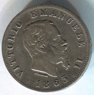obverse: Regno d Italia. Re Vittorio Emanuele 2° (1849-1878). 1 lira 