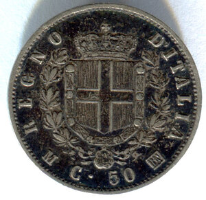 reverse: Regno d Italia. Re Vittorio Emanuele 2° (1849-1878). 50 centesimi 