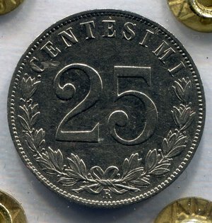 reverse: Regno d Italia. Re Vittorio Emanuele 3° (1900-1946). 25 centesimi 