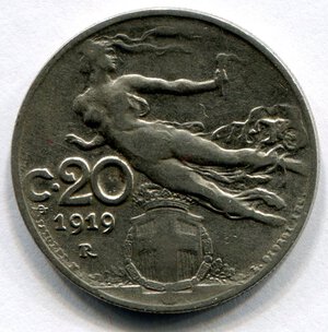 reverse: Regno d Italia. Re Vittorio Emanuele 3° (1900-1946). 20 centesimi 