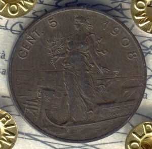 reverse: Regno d Italia. Re Vittorio Emanuele 3° (1900-1946). 5 centesimi 
