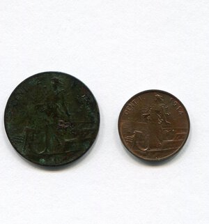 reverse: Regno d Italia. Re Vittorio Emanuele 3° (1900-1946). 1 e 2 centesimi 
