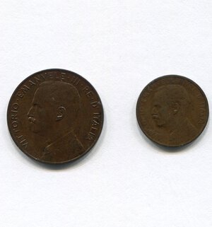 obverse: Regno d Italia. Re Vittorio Emanuele 3° (1900-1946). 1 e 2 centesimi 