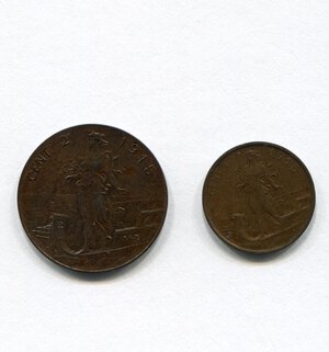 reverse: Regno d Italia. Re Vittorio Emanuele 3° (1900-1946). 1 e 2 centesimi 