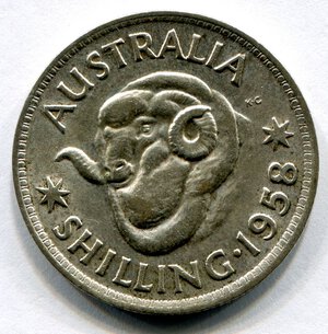 reverse: Australia. Regina Elisabetta 2°. 1 scellino del 1958. Ag. SPL+.