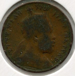 obverse: Etiopia. Imperatore Menelik 2°. 1/100 birr del 1889. Cu. MB.