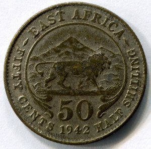 reverse: Africa Orientale Britannica. Re Giorgio 6°. 50 cents del 1942. Ag. qBB. NC. 