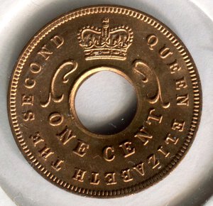obverse: Africa Orientale Britannica. Regina Elisabetta 2°. 1 cent del 1955. Cu. SPL/FDC.