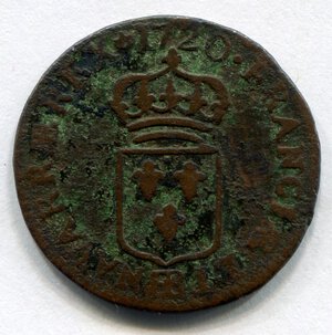 reverse: Francia. Re Luigi 15°. 1 liard del 1720. Cu. B/MB. R1.