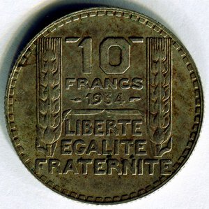 reverse: Francia. 10 franchi del 1934. Ag. BB.