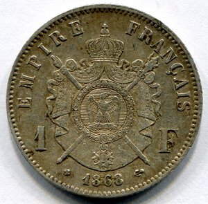 reverse: Francia. Napoleone 3°. 1 franco del 1868. Ag. BB. 