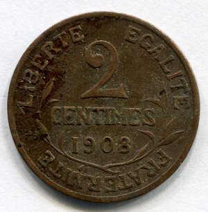 reverse: Francia. 2 centesimi del 1908. CuSn. MB/BB.