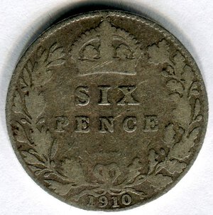 reverse: Inghilterra. Re Edoardo 7°. 6 pence del 1910. Ag. MB.