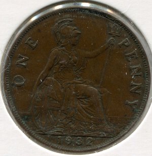obverse: Inghilterra. Re Giorgio 5°. 1 penny del 1932. Con errore di coniazione sul retro. CuSn. BB+. NC.