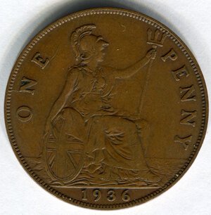 reverse: Inghilterra. Re Giorgio 5°. 1 penny del 1936. CuSn. BB.