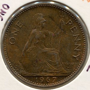 reverse: Inghilterra. Regina Elisabetta 2°. 1 penny del 1967. CuSn. BB++.