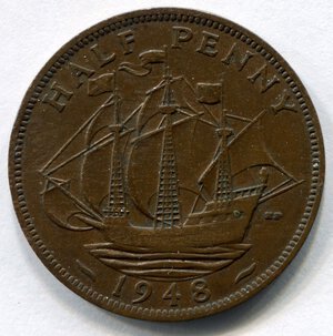 reverse: Inghilterra. Re Giorgio 6°. 1/2 penny del 1948. CuSn. qSPL.