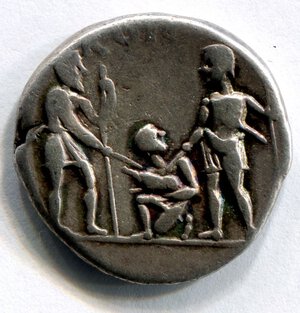 reverse: Gens VETURIA (136 a. C.). Roma. AR denarius (3,78 gr.). R.\: ROMA. Craw 234. BB/qBB. R1.
