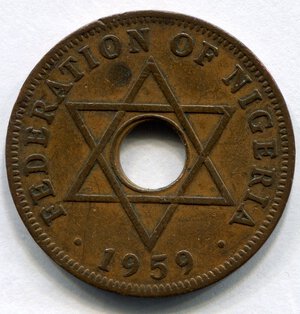 obverse: Nigeria. Regina Elisabetta 2°. 1 penny del 1959. CuSn. BB.